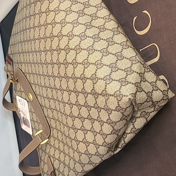 GUCCI ACCESSORIES VINTAGE 70'S WEB SHERRY COATED CANVAS TOTE BAG W SERIAL# - Picture 13 of 17